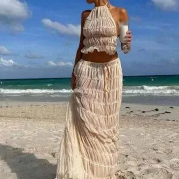 Dresses & Skirts - Beige Boho Women's Sexy Backless pleated Transparent Halter Neck top & skirt set